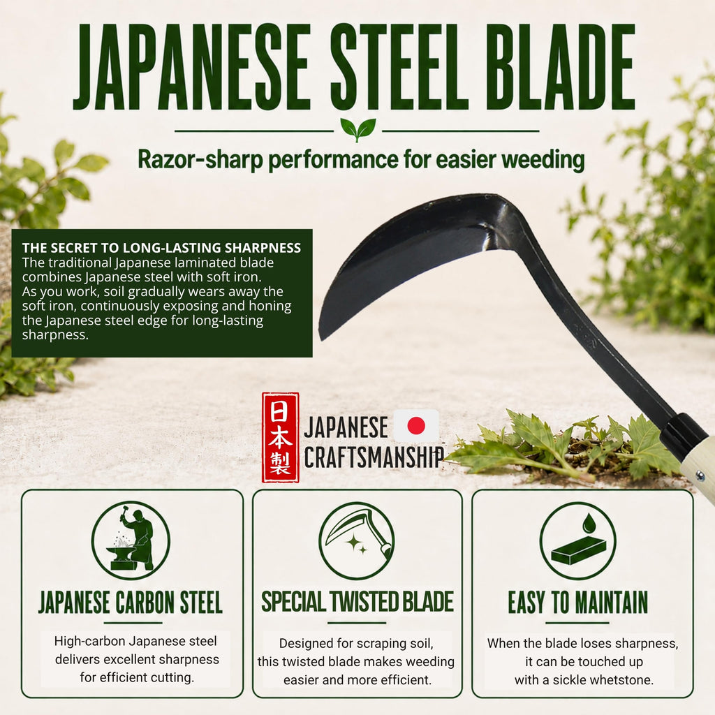 KAKURI Japanese Weeder Tool Long Handle 42" for Gardening - Stand Up Weed Remover Sickle Hoe - Sharp Japanese Steel Blade & Wooden Handle - Made in Japan
