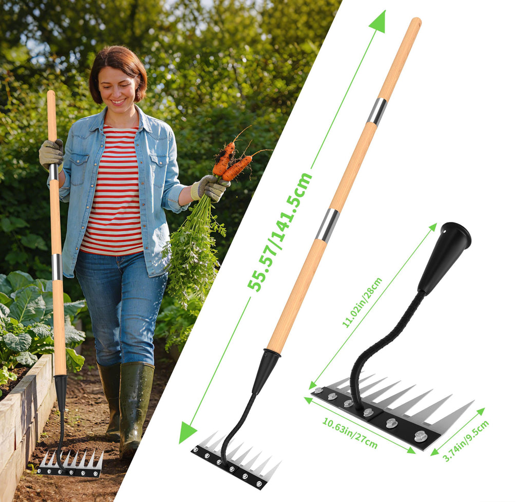 ATLRGISL Iron Weeding Rake with Wooden Long Handle 2.0, 8 Teeth Weed Puller Tool Heavy Duty, Manual Gardenia Weed Rake Tool for Yard, Lawn and Garden, 56Inch