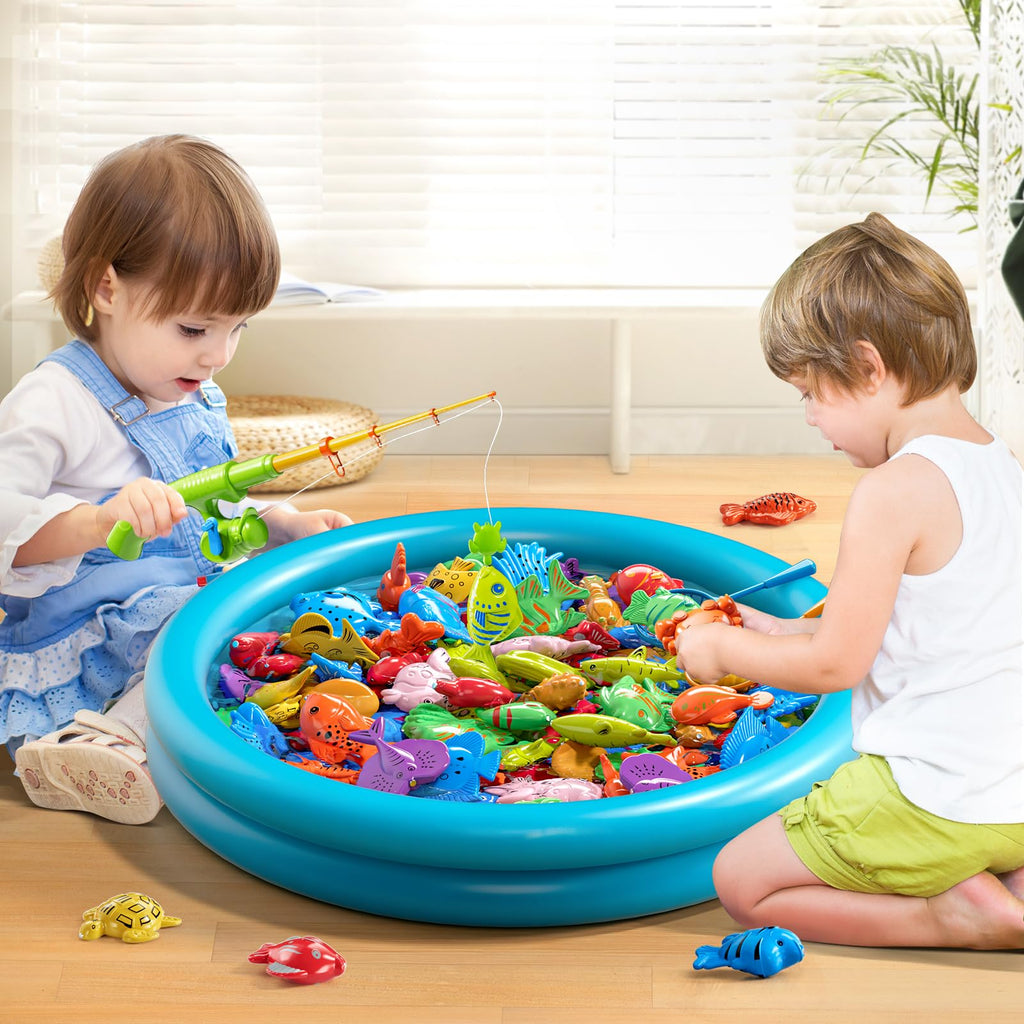 NIPLOOOW Pool Fishing Toys Games, Water Table Bathtub Toy with Inflatable Pool Pole Rod Net Plastic Floating Fish, Birthday Gifts for Kids Age 3 4 5 6 Year Old,Kids Outdoor Toys