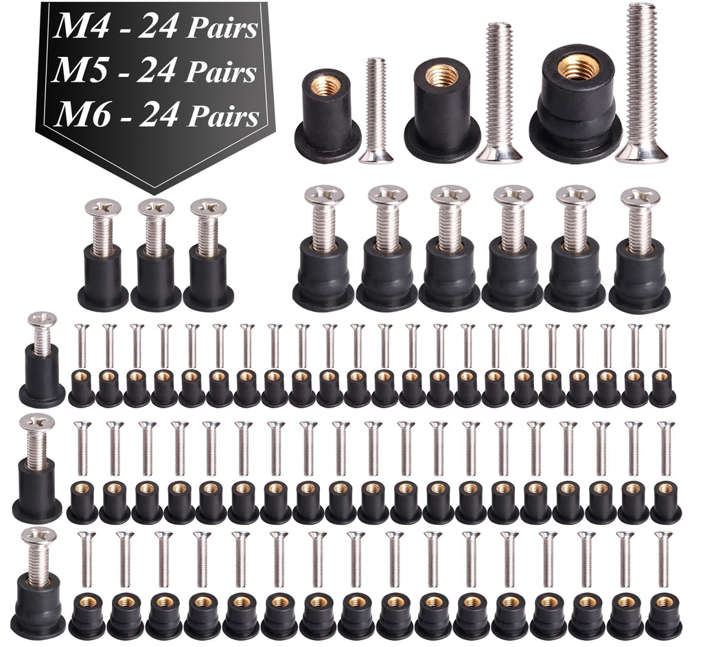 WEDAMER 72 Pairs M4 M5 M6 Neoprene Well Nuts with Stainless Steel Screw M5 Rubber Well Nuts Kayak Brass Copper Bolts Well Nut Kit for Kayak Motorcycle Boat Marine Windscreen Accessories (M4 M5 M6)
