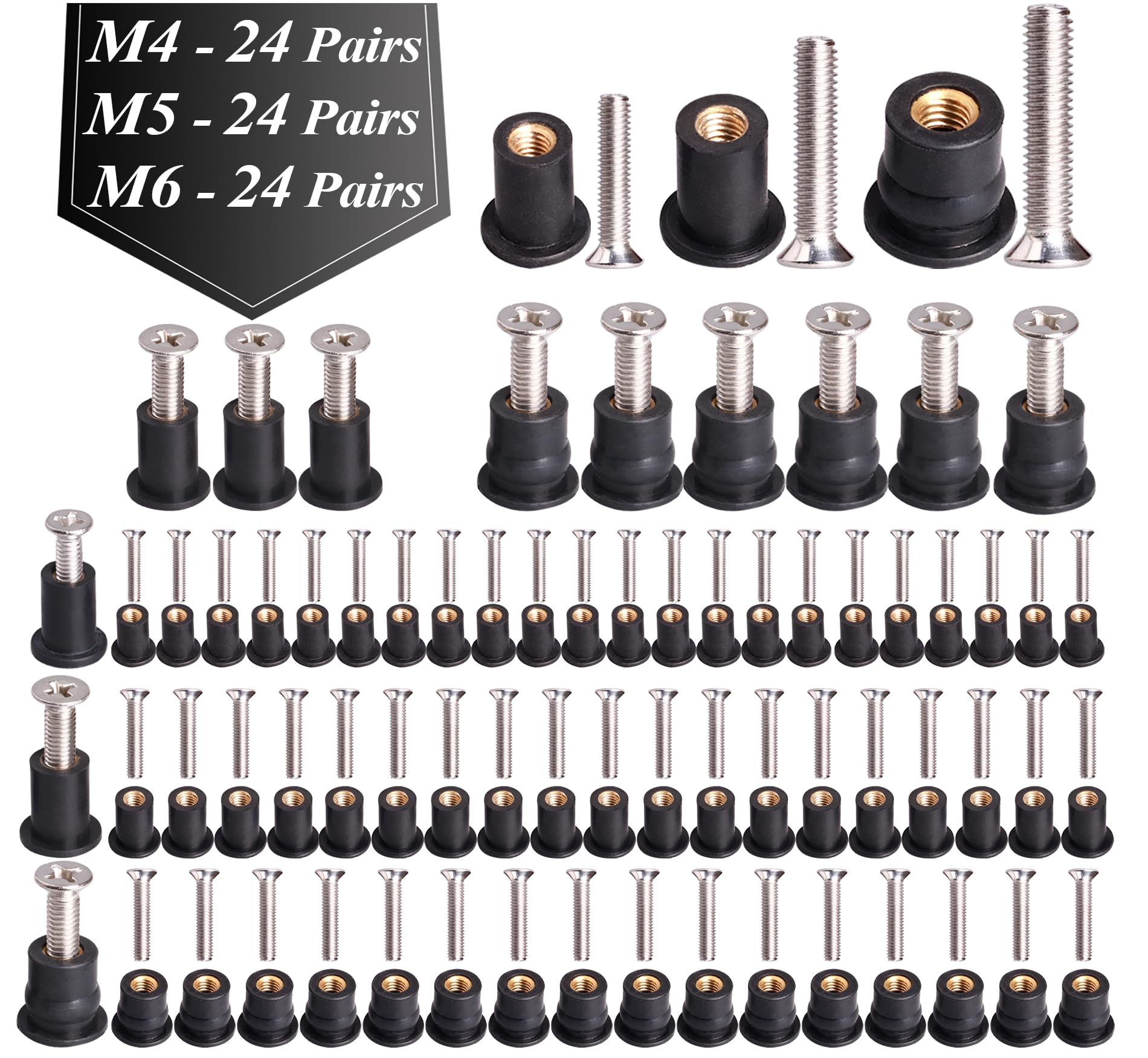 WEDAMER 72 Pairs M4 M5 M6 Neoprene Well Nuts with Stainless Steel Screw M5 Rubber Well Nuts Kayak Brass Copper Bolts Well Nut Kit for Kayak Motorcycle Boat Marine Windscreen Accessories (M4 M5 M6)