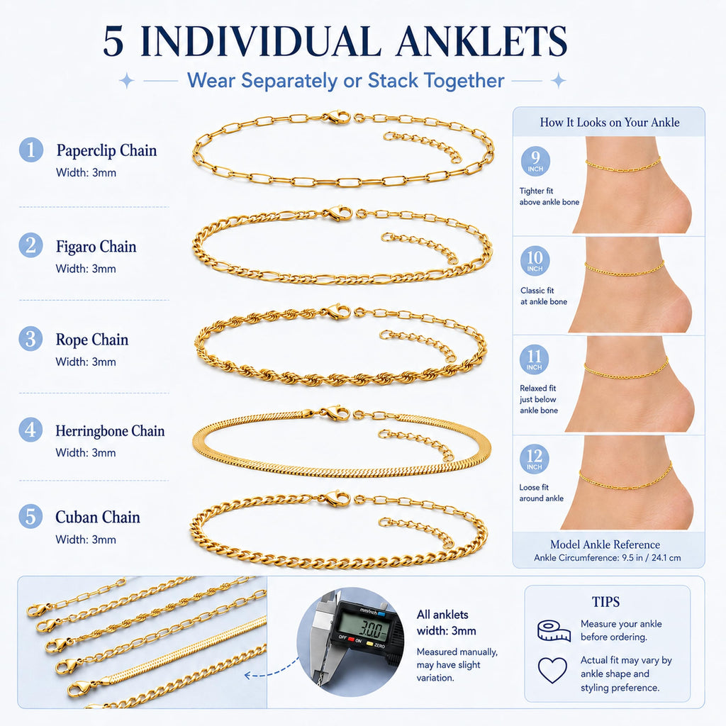AOZEL Plus Size Gold Anklets Set Large Ankle Bracelets for Women Waterproof Non Tarnish 12 inch
