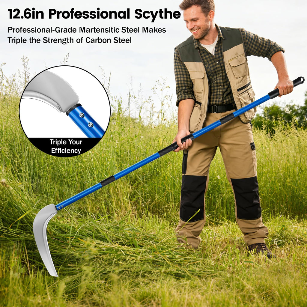 12.6'' Scythe Tool for Grass Cutting, 4 Stainless Steel Poles, Adjustable Dual-Hand Grip, Professional-Grade Blade, for Clearing Bushes, Vines, Fields, Ditches, Paths, Landscaping, Blue, 67in.