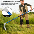 12.6'' Scythe Tool for Grass Cutting, 4 Stainless Steel Poles, Adjustable Dual-Hand Grip, Professional-Grade Blade, for Clearing Bushes, Vines, Fields, Ditches, Paths, Landscaping, Blue, 67in.