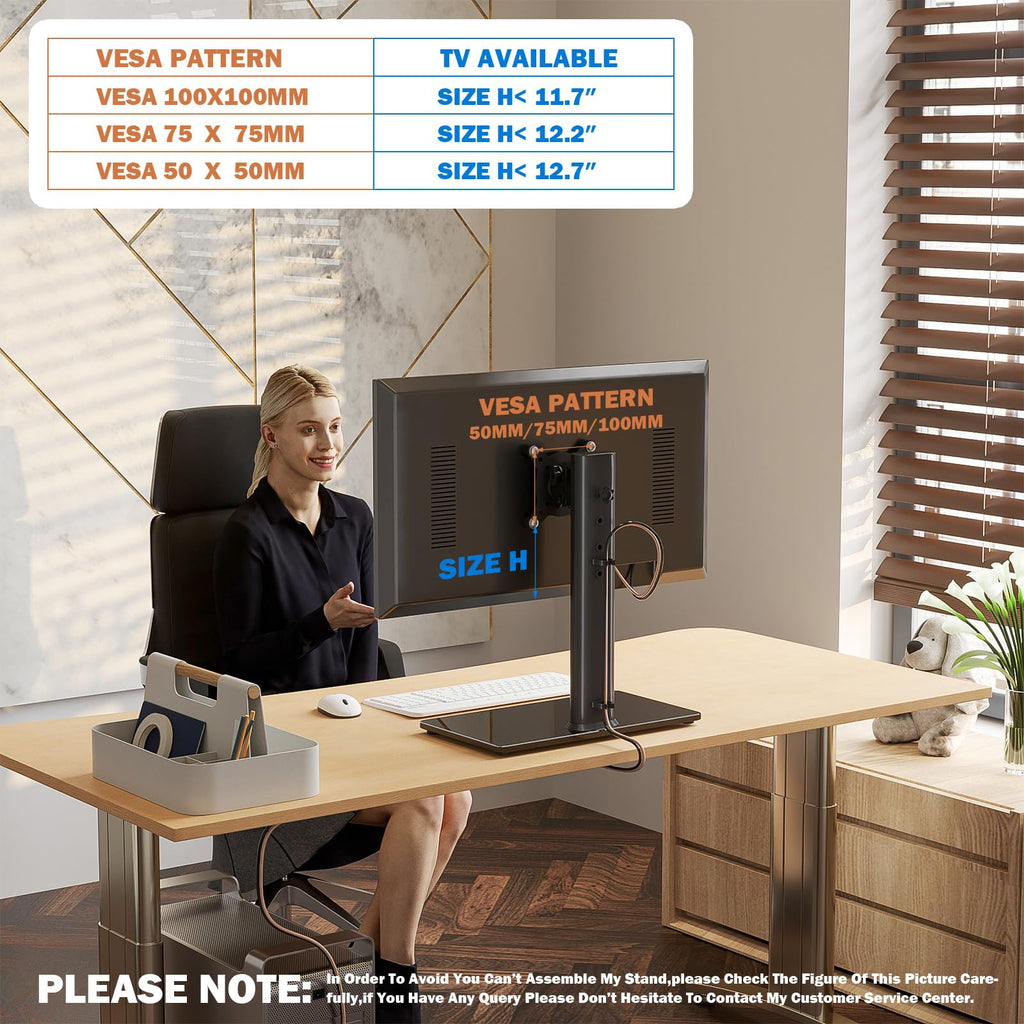 Single LCD Computer Monitor Free-Standing Desk Stand Mount Riser for 13 inch to 32 inch screen with Swivel, Height Adjustable, Rotation, Vesa Base Stand Holds One (1) Screen up to 77Lbs(HT05B-001))