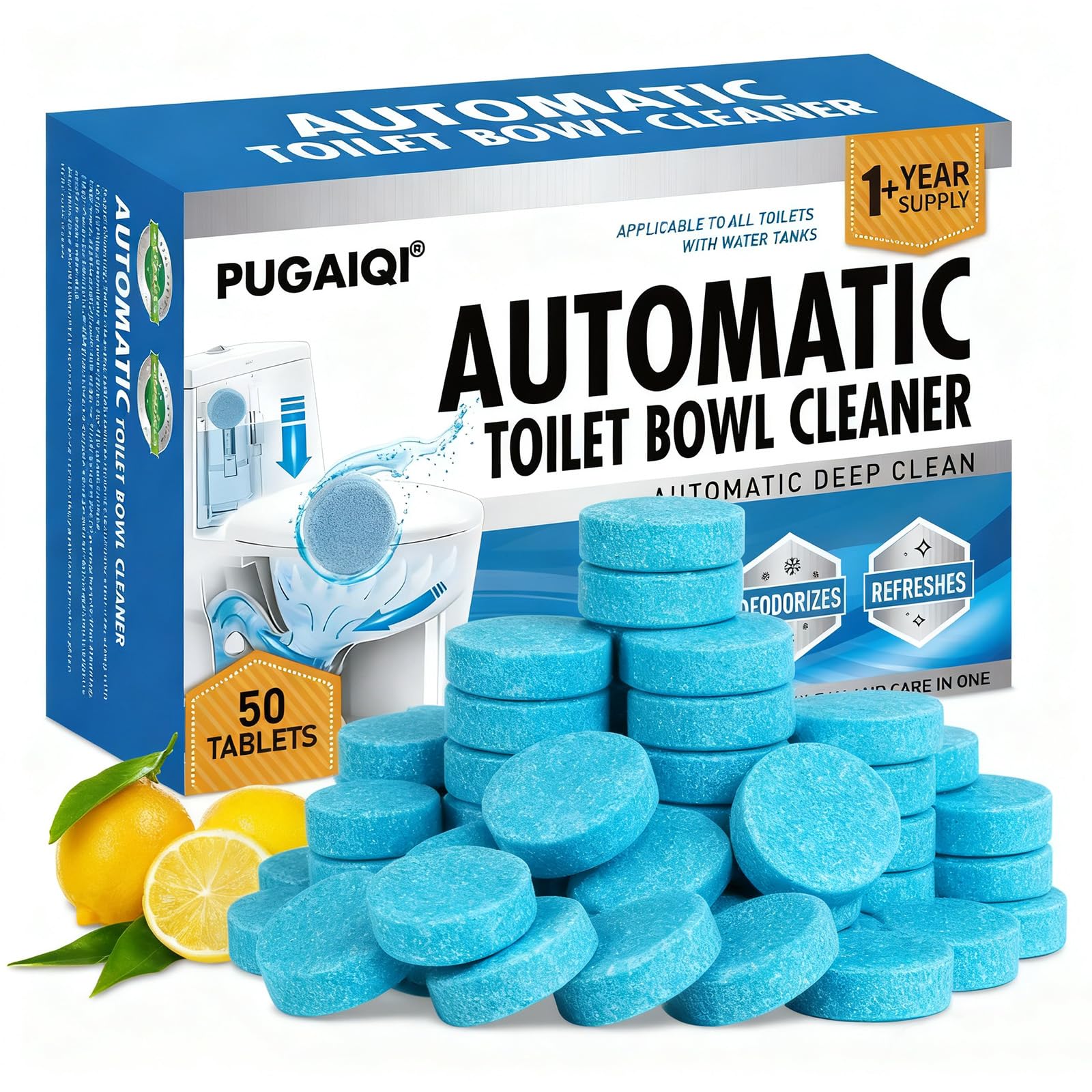 PUGAIQI Toilet Bowl Cleaner Tablets Blue Toilet Tank Cleaners, Septic-Safe Hard Water Stain Remove, Effervescent Stain & Odor Remover Bathroom， Automatic Toilet Cleaning & Deodorizer 50 TabsTTDS