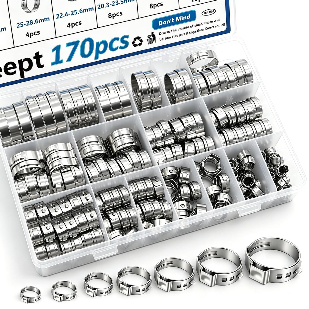 Seept 170Pcs 13 Sizes 304 Stainless Steel Single Ear Hose Clamps 5.3-31.6mm Crimp Hose Clamps Assortment Kit Perfect for Automotive/Home Appliance/Water Pipe and Fuel Line