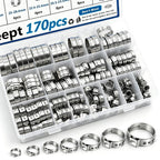 Seept 170Pcs 13 Sizes 304 Stainless Steel Single Ear Hose Clamps 5.3-31.6mm Crimp Hose Clamps Assortment Kit Perfect for Automotive/Home Appliance/Water Pipe and Fuel Line