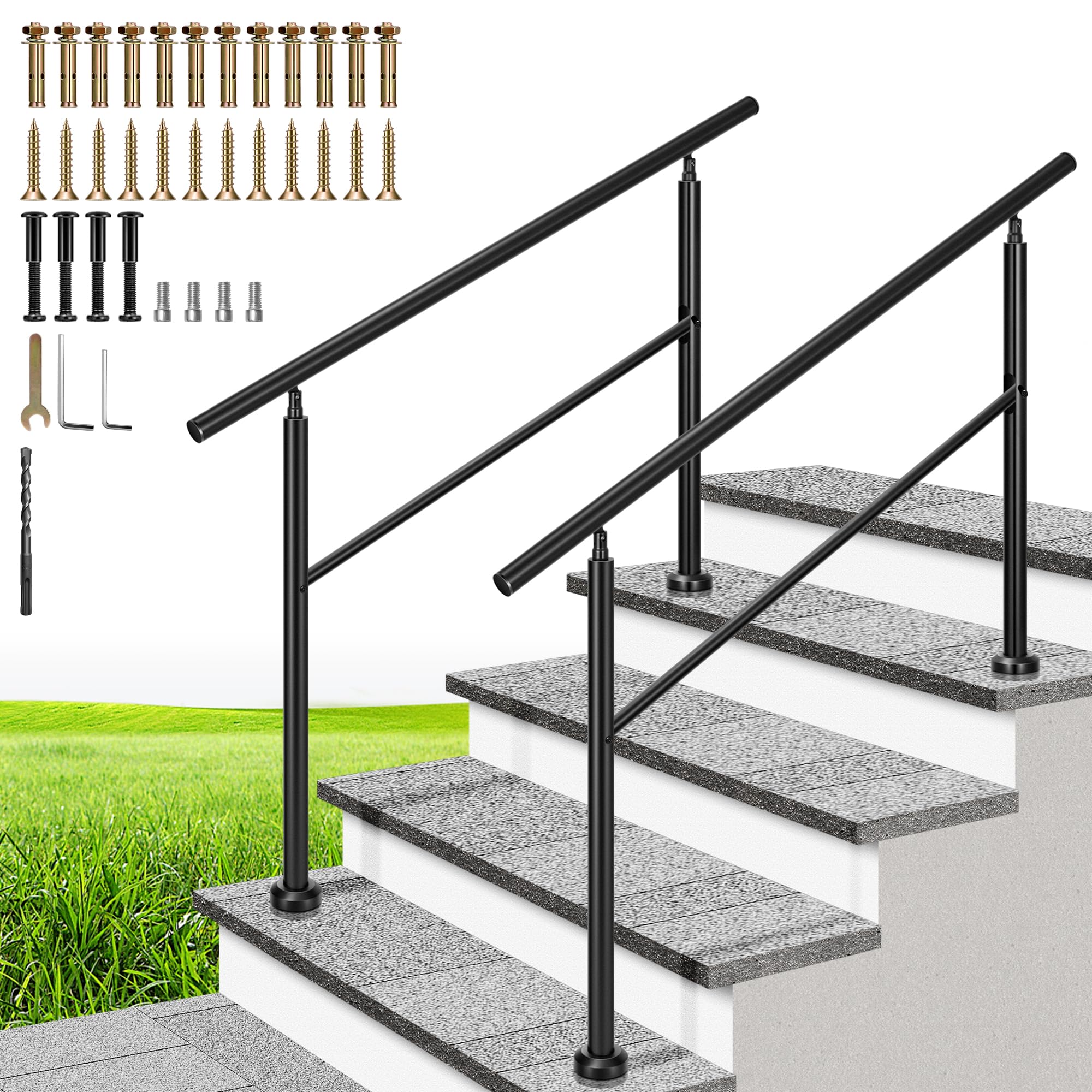 VIVOHOME 2-Pack Hand Rails for Outdoor Steps, Galvanized Steel Railing, Straight Round Exterior Hand Railing for Porch, Deck, or Indoor Stairs, 4 Step Railing Kit