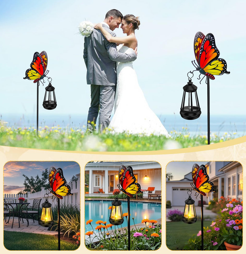 Solar Garden Light Outdoor, Waterproof Metal Butterfly Stake with Lantern