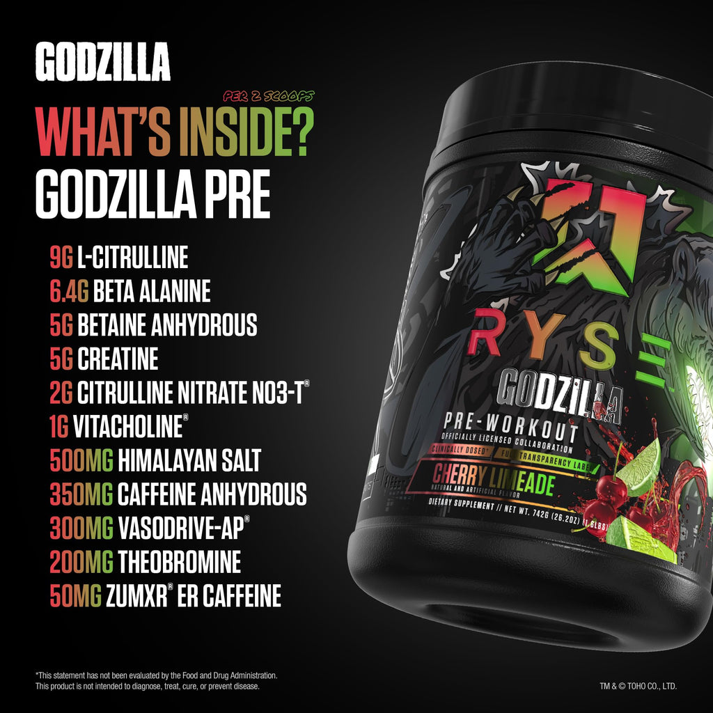 RYSE Godzilla X Noel Deyzel Pre Workout Powder - Cherry Limeade - 400mg Caffeine, High Stim Pre-Workout for Men & Women with Citrulline & Beta Alanine - Energy, Pump & Focus - 20/40 Servings