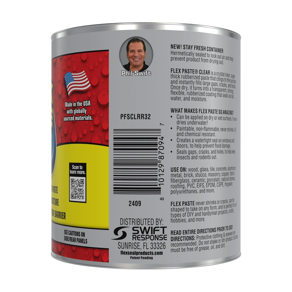 Flex Paste, Waterproof Paintable Putty, Spackle Sealant, Fill Gaps Cracks Holes - Block Out Water and Air - UV Resistant - Walls, Drywall, EPDM, Concrete, Roof, RV Repairs, Clear, Quart