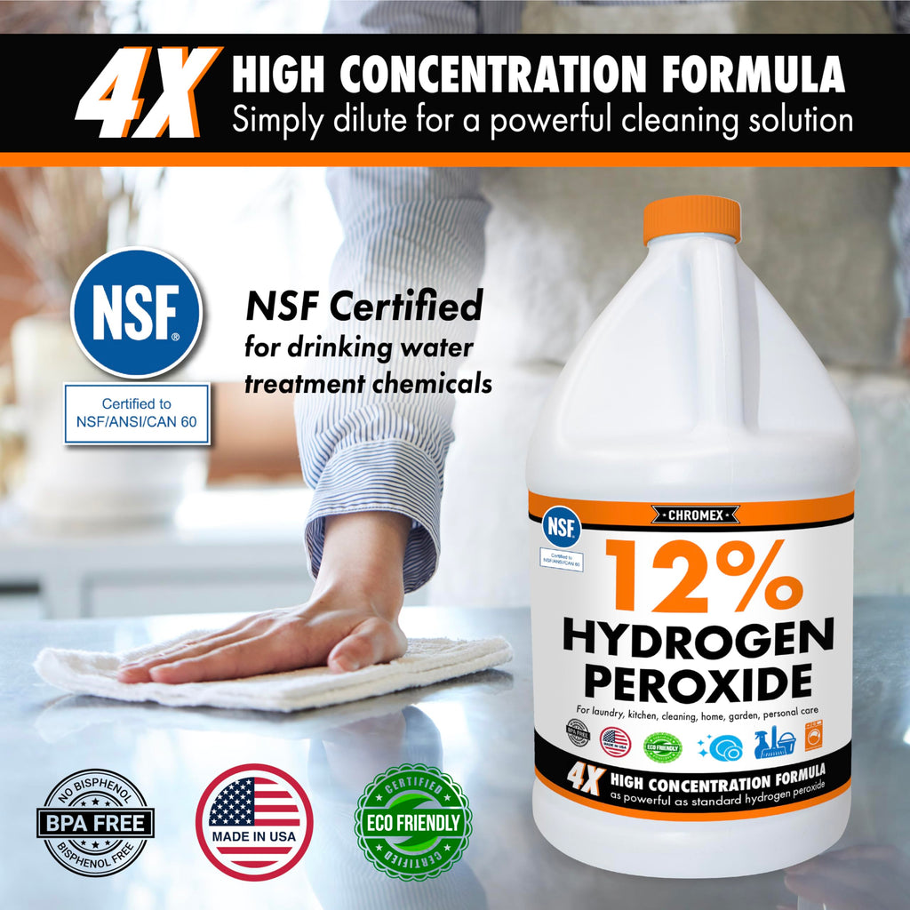 Chromex Hydrogen Peroxide 12 Percent Food Grade, 4X Power Concentrated Solution, Dilutes to 4 Gallons, Versatile Uses Include Topical Care, Home, Kitchen, Bath Cleaner, NSF Certified, 1 Gallon
