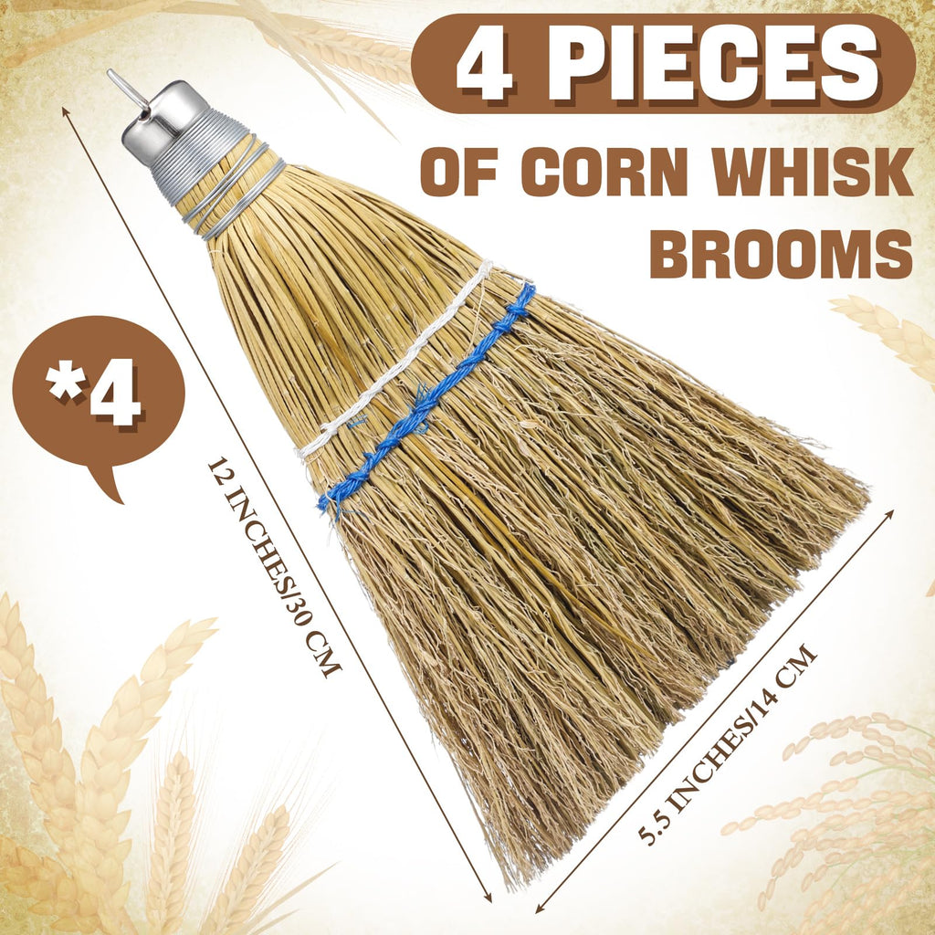 Suclain 4 Pcs 12 Inch Whisk Broom Hand Held Mini Corn Straw Whisk Broom Short Handle with Metal Hanger Halloween for Multi Surface Sweeping Small Hand Brush for Outdoor Car Porch Debris Dust Dirt