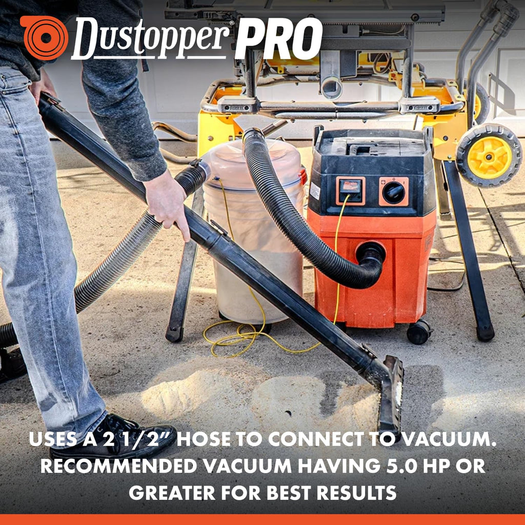 The Dustopper PRO, Low-Profile Dust Separator for Shop Wet/Dry Vacuums with at least 5HP. Includes High-Flow 90 Degree Sweep Elbows and Connection Hose. Fits Standard 5 Gallon Buckets, Made in USA