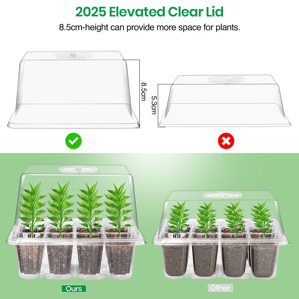 Bonviee 10-Pack Seed Starter Trays, Tall Dome, Base, 12-Cell Tray, Clear