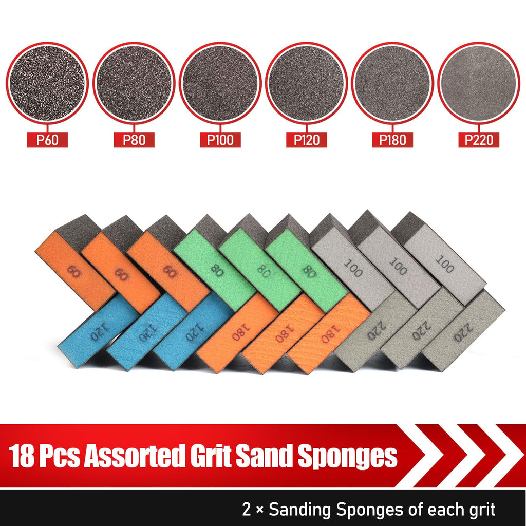 18 Pack Sanding Sponge, Washable and Reusable Sanding Block for Wood Drywall Metal Glasses Coarse/Medium/Fine/Superfine in 60/80/120/220 Grit Sandpaper Block Sand Paper Brick (3.9'' × 2.8'')
