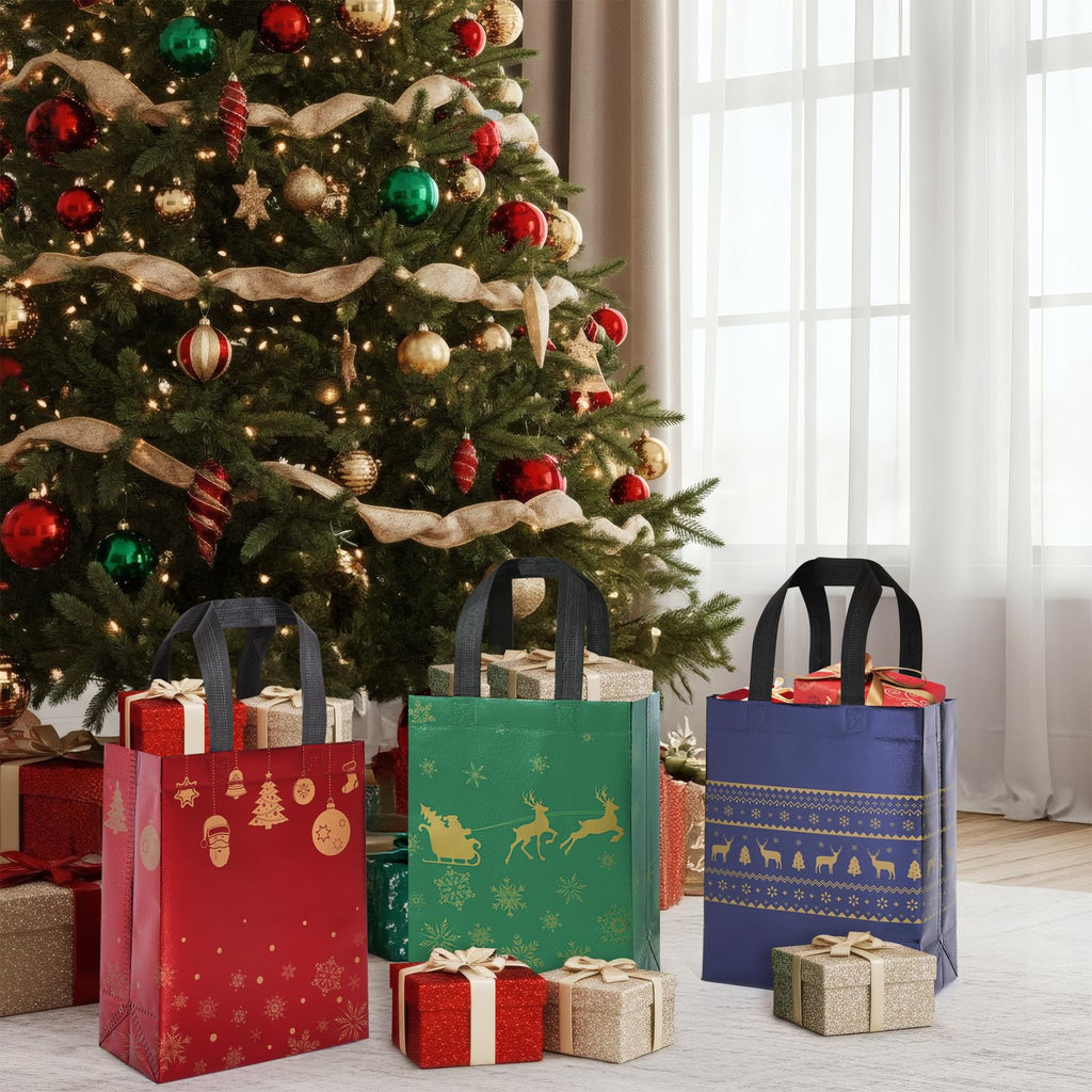STYPOP 16 Pack 10" Christmas Gift Bags Medium Size with Tissue Paper, Reusable Non-Woven Christmas Tote Bags with Handles, Perfect for Holiday Gift Wrap/Party Favor Supplies, 10.2" × 8.3" × 4"