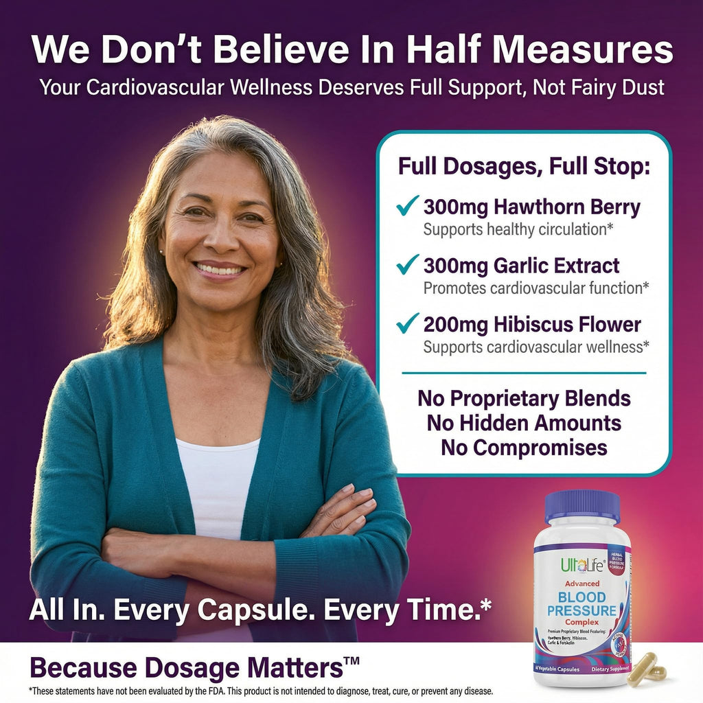 ULTALIFE Blood Pressure Supplements - Advanced Blood Pressure Supplement Complex - Hawthorn Berry, Hibiscus, Garlic, Forskolin - 14 Vitamins & Herbs, 30 Day Supply in Veggie Capsules