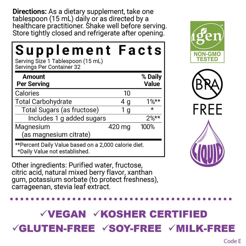 Bluebonnet Nutrition Magnesium Citrate 420 mg - Calm Mind & Body* – Supports Heart, Muscle & Sleep* - Non-GMO, Vegan, Kosher, Gluten-Free, Soy-Free, Milk-Free - 16 FL OZ, Mixed Berry Flavor