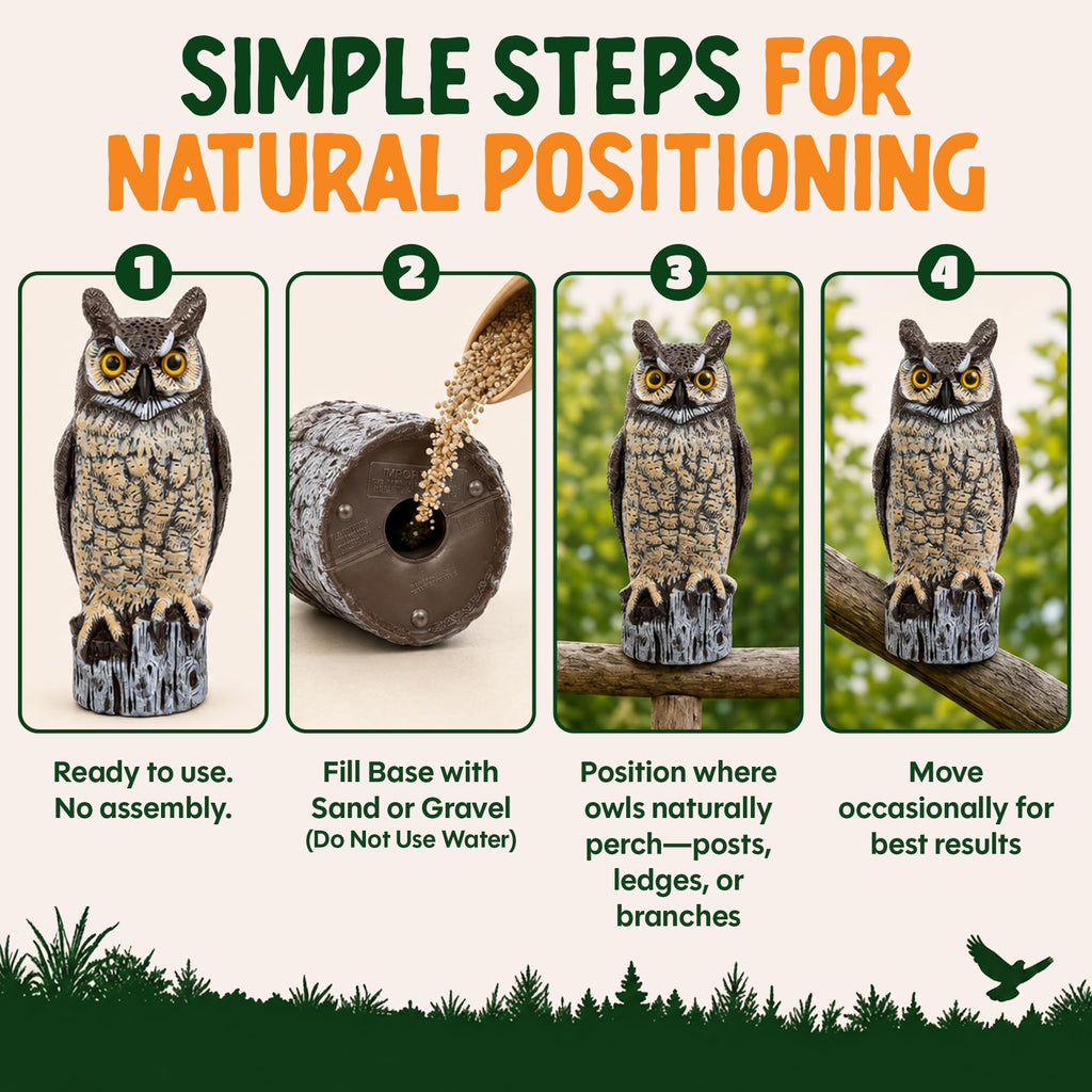 Dalen Lifelike Great Horned Owl Decoy Bird Repellent - 16in Hand-Painted Scarecrow for Gardens & Rooftops, Owl Bird Deterrent, Fixed-Head Design, Fill Base with Sand/Gravel Only - Multicolor