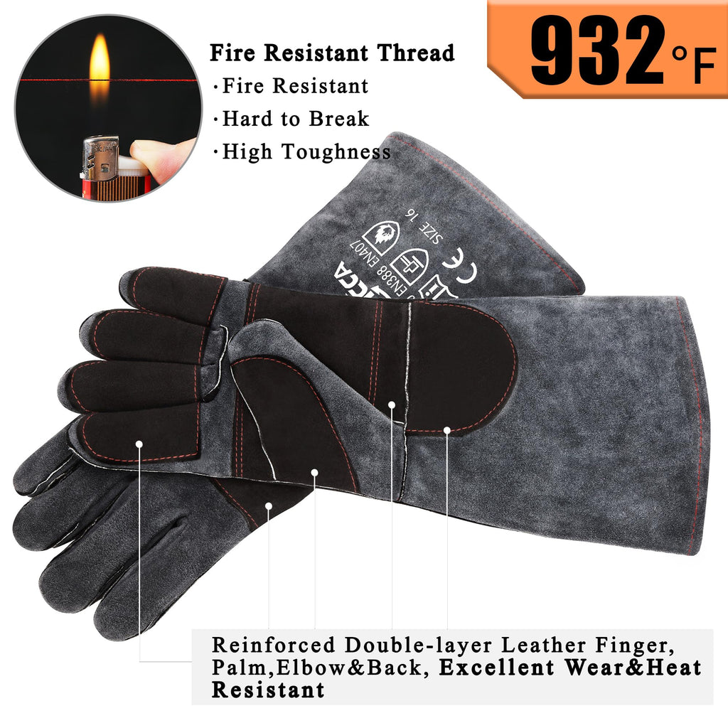 Fireplace Gloves Fire Heat Resistant: Dark-Grey 16IN 932℉ - Fireproof Leather for Fireplace Fire Pit Wood Stove Campfire Furnace BBQ Grill Oven Stick Mig Welding Welder Gear - Birthday Gift XL
