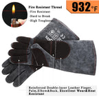 Fireplace Gloves Fire Heat Resistant: Dark-Grey 16IN 932℉ - Fireproof Leather for Fireplace Fire Pit Wood Stove Campfire Furnace BBQ Grill Oven Stick Mig Welding Welder Gear - Birthday Gift XL