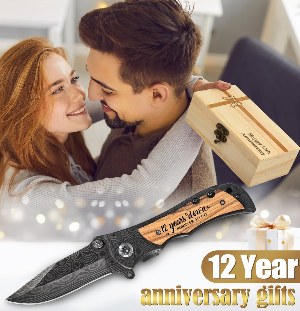 Lanties 12 Years Anniversary Keepsake Gifts for Him Engraved Pocket Knife with a Gift Box Happy Tin Anniversary Customized Wedding Birthday Father's Day Gifts for Men Husband