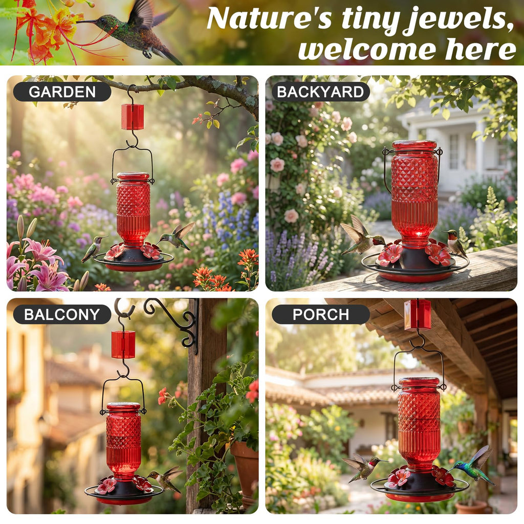 FEED GARDEN Glass Hummingbird Feeder for Outdoors Hanging, 16 OZ Humming Birds Feeders with 4 Bee Guard Feeding Ports & Built-in Ant Moat, Bird Feeder for Outside, Gifts for Women Mom, Red