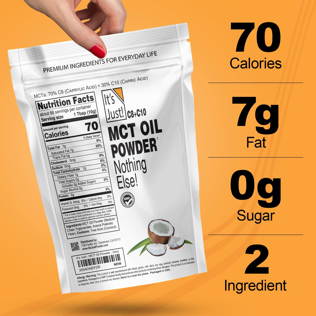 It's Just! MCT Oil Powder With Prebiotic Fiber - Keto, Non-GMO, C8 C10, Coffee Creamer - 24 oz