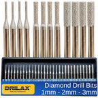 Drilax Diamond Drill Bits for Stone and Glass – 30 Pc Set (1mm, 2mm, 3mm) 1/8 Shank for Dremel & Rotary Tools – Jewelry Making, Gemstone, Sea Glass and Lapidary Drill Bits Kit