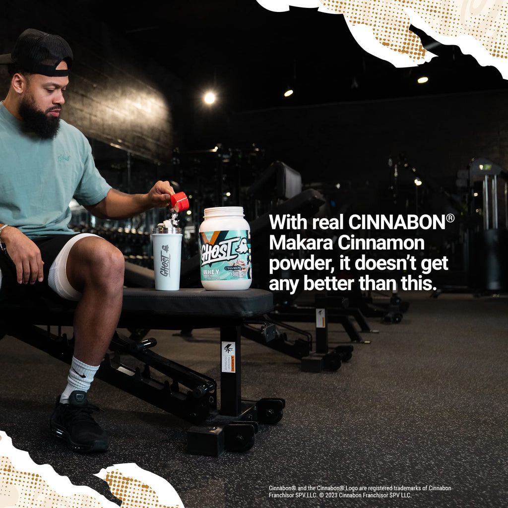 GHOST Whey Protein Powder, Cinnabon - 2LB, 25G of Protein - Cinnamon Roll Flavored Isolate, Concentrate & Hydrolyzed Whey Protein Blend - Post Workout Shakes - Soy & Gluten Free