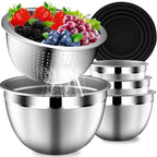 DUTZUN Mixing Bowls with Lids Set, Stainless Steel Mixing Bowls with Colander, Strainer with Mixing Bowl Set, Kitchen Gadgets Bowl Christams Gift, Size 4, 2.5, 2, 1.5QT - Black