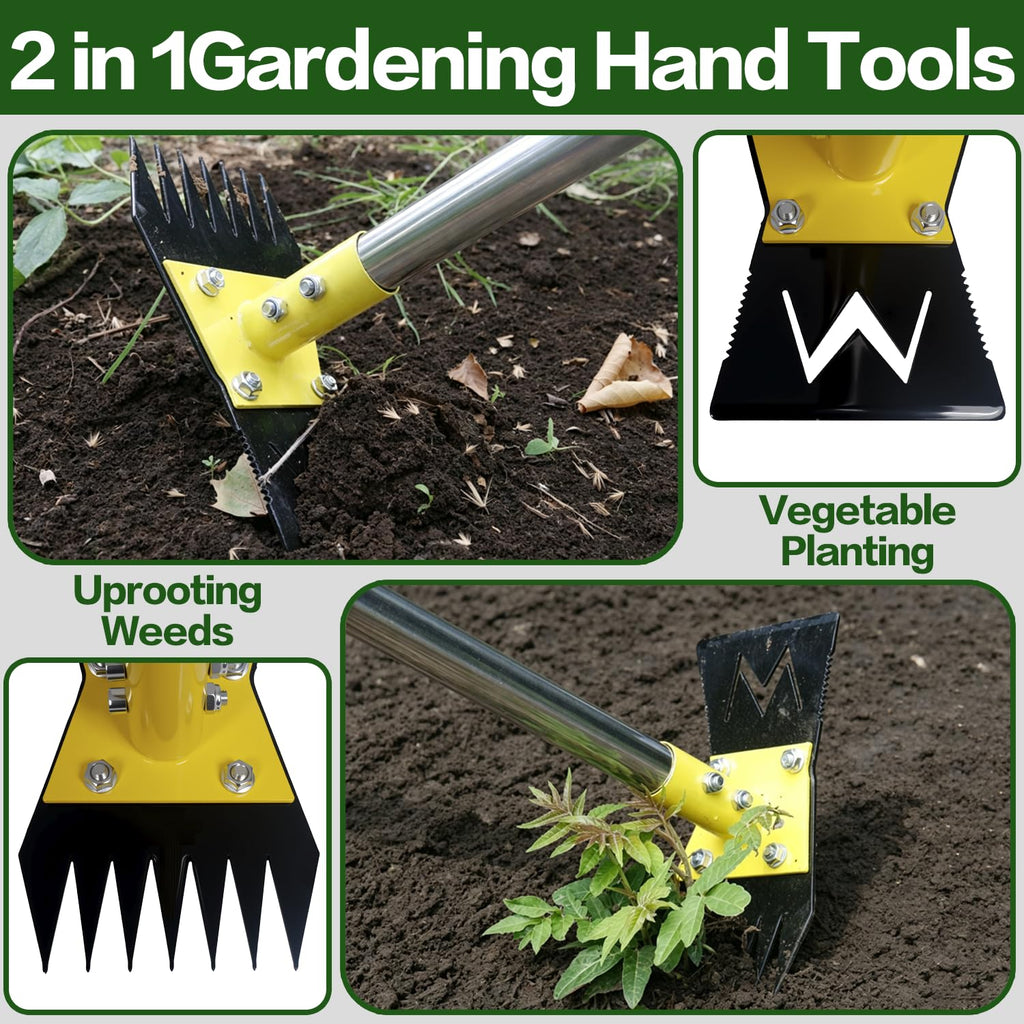 BCJCLTS 2-in-1 Garden Hoe and Weed Puller Rake, 60 Inch Adjustable Long Handle Weeding Tool Heavy Duty Spring Steel Head, Dual Side Hand Weed Rake, Weed Remover for Garden, Yard, Lawn, Driveway.