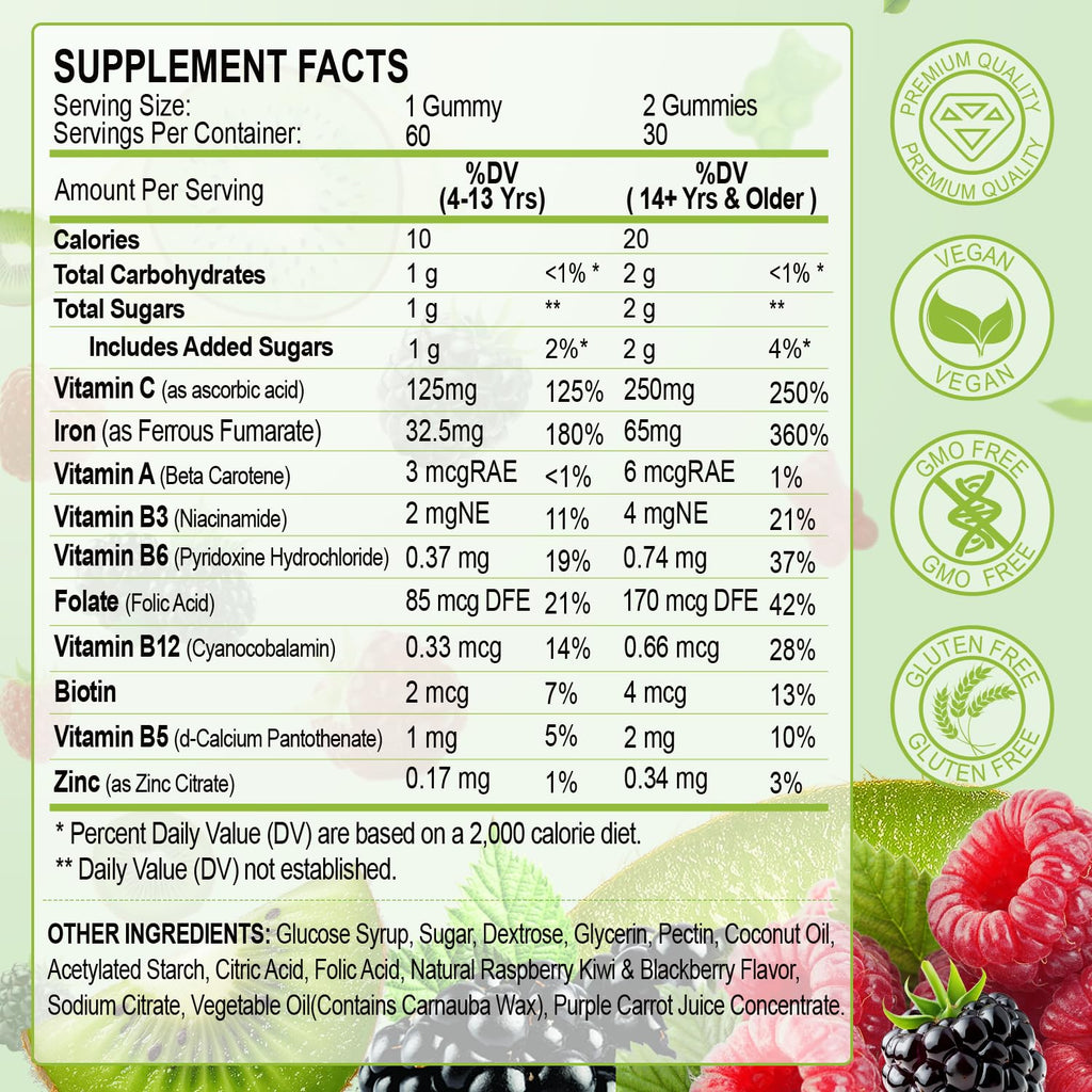 Iron Gummies for Women Men Vitamin Supplement 65mg & Vitamin C 250mg Per Serving with B6 B12 Folate- Energy Support for Iron Deficiency, Anemia, Vegan Raspberry Kiwi & Blackberry Flavor, 120 Gummies