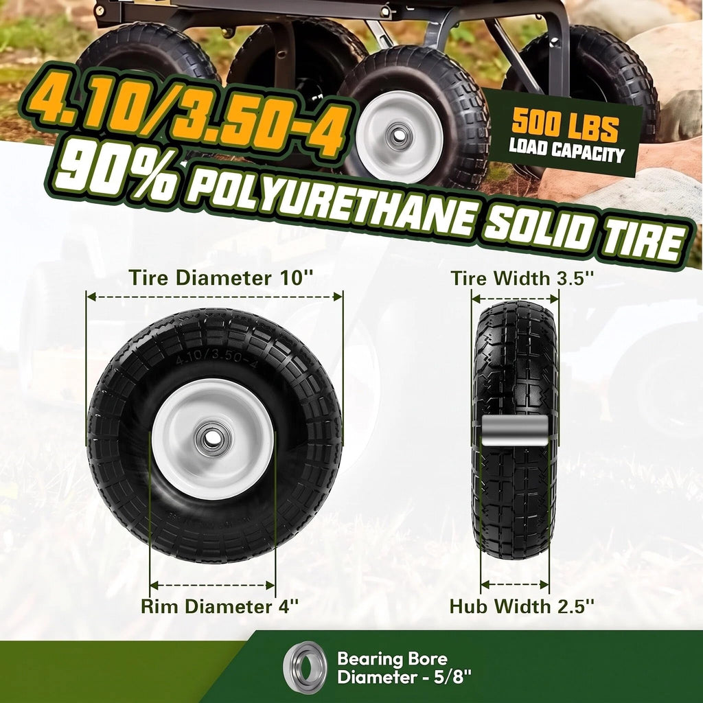 QILINGLORY 4.10/3.50-4 Flat Free Tire and Wheel, 10" Solid Tire with 5/8" bearing bore, Replacement for Gorilla Cart,Hand Truck, Dolly, Wheelbarrow, 500 lbs Load Capacity (10 Inch, 2-Pack)
