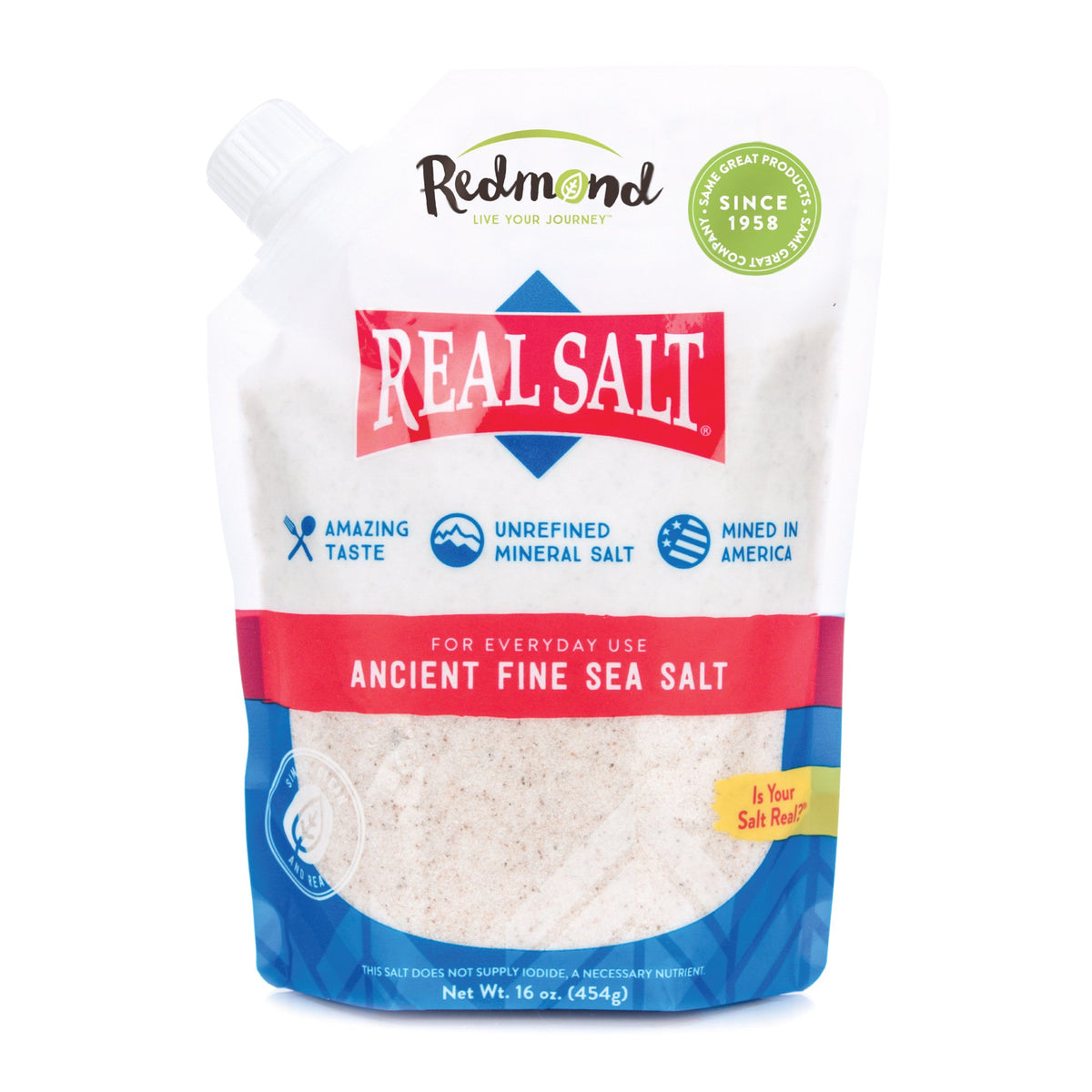 Redmond Real Salt - Ancient Fine Sea Salt, Unrefined, 16 Oz Pouch (2 Pack)
