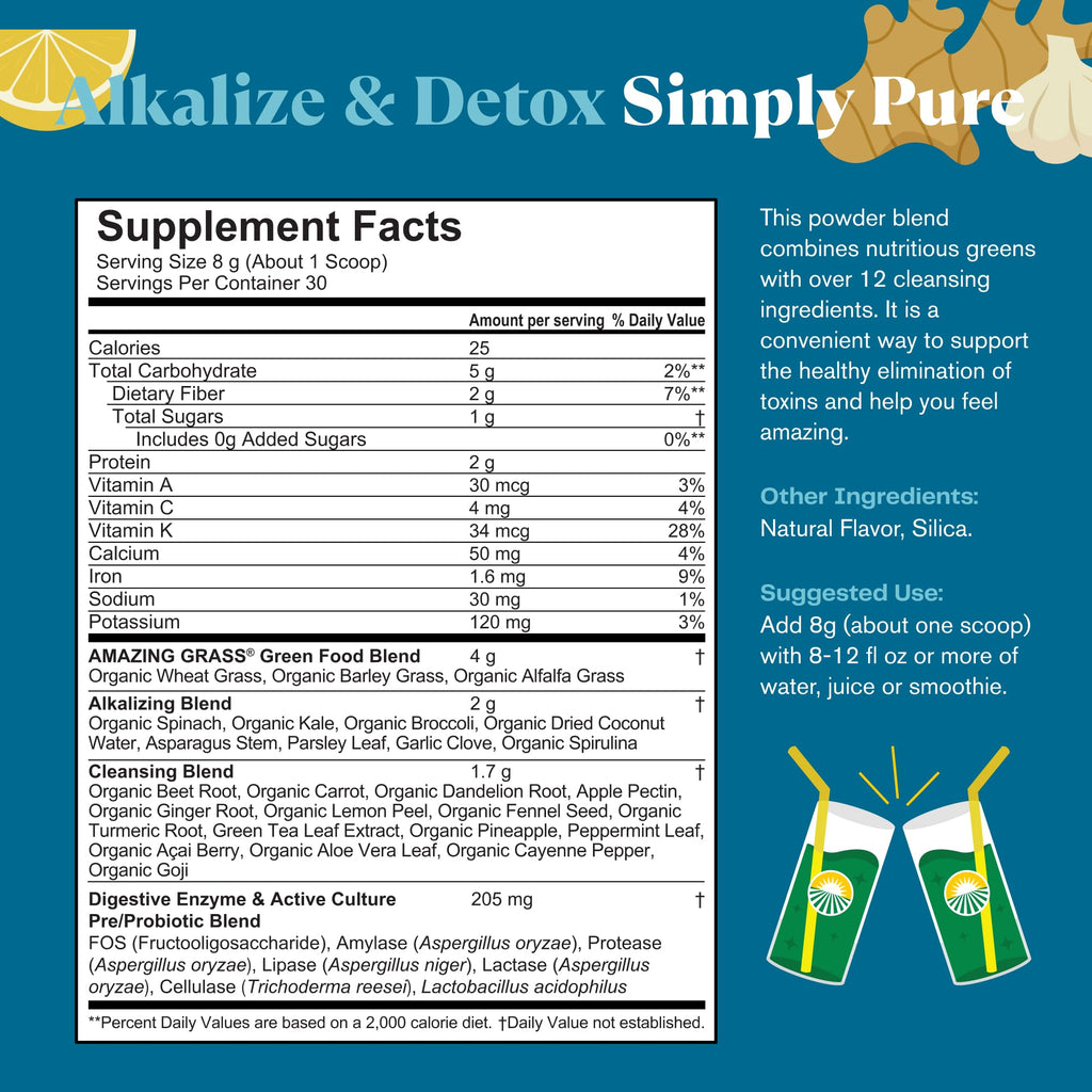 Amazing Grass Greens Blend Alkalize & Detox, Smoothie Mix, Cleanse with Super Greens & Beet Root Powder, Digestive Enzymes, Prebiotics & Probiotics, 30 Servings, 8.5 Ounce (Packaging May Vary)