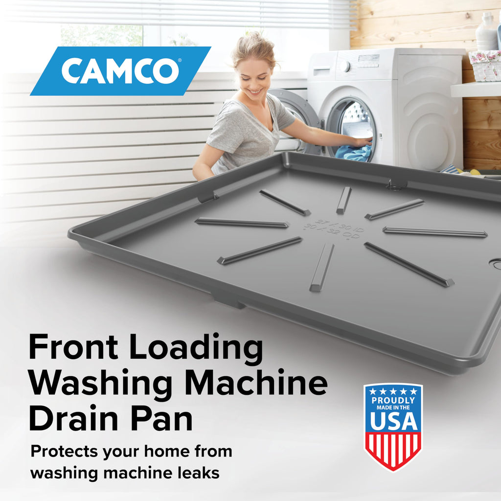 Camco Low Profile Washing Machine Drain Pan with PVC Fitting, 29 inch x 33 inch ID and 31 inch x 35 inch OD - Protects Your Floors from Washing Machine Leaks - Easy to Use - Pewter - 20788