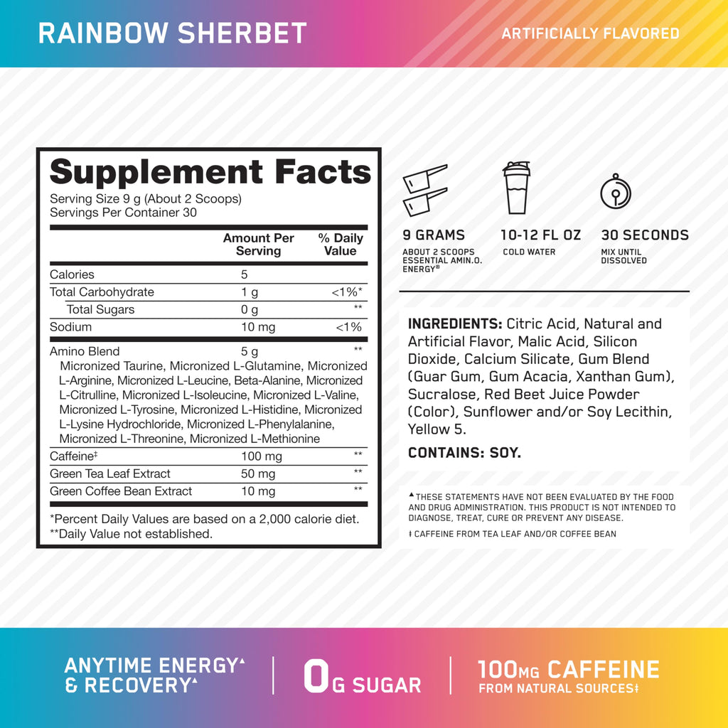 Optimum Nutrition New Flavor Amino Energy - Pre Workout with Green Tea, BCAA, Amino Acids, Keto Friendly, Green Coffee Extract, Energy Powder - Rainbow Sherbet, 30 Servings (Packaging May Vary)