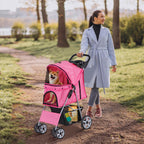 LEMY Foldable Pet Stroller,4 Wheels Cat/Dog Stroller with Weather Cover for Small/Medium Dogs and Cats,Pink Pet Strolling Cart with Storage Basket and Cup Holder