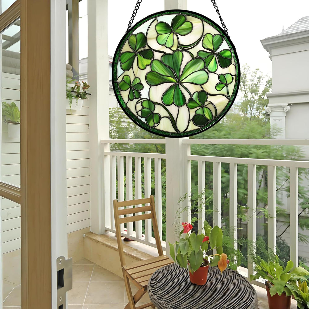 CRISGIF Stained Glass Window Hanging - Ireland Green Lucky Clover Suncatcher for Doors Garden St. Patrick's Day Sun Catchers Decor Mother's Day Birthday for Women Men Mom Nana 6.3 in