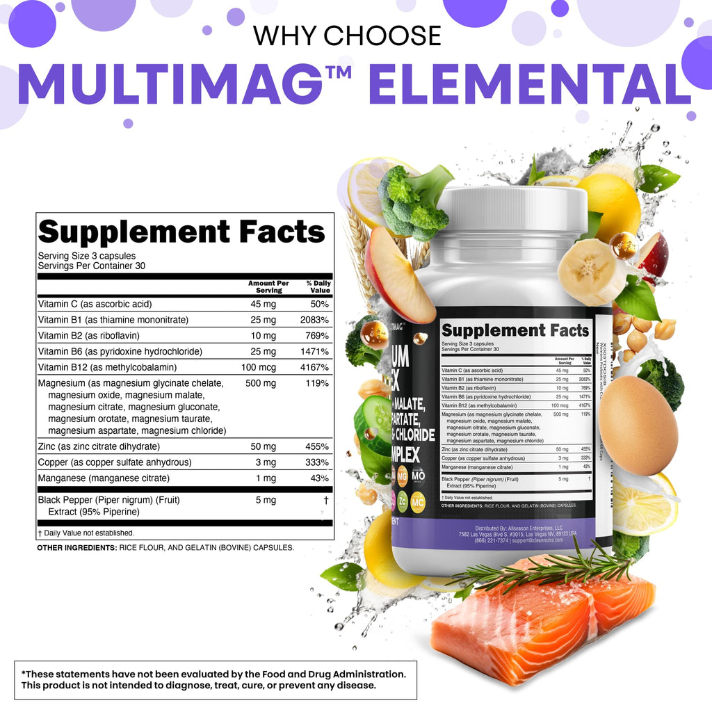 Clean Nutraceuticals Magnesium Complex with Magnesium Glycinate Citrate Malate Oxide Taurate Aspartate Orotate & Mag Chloride, Zinc Copper Manganese & Vitamin C B1 B2 B6 B12 Complex - 1Pack