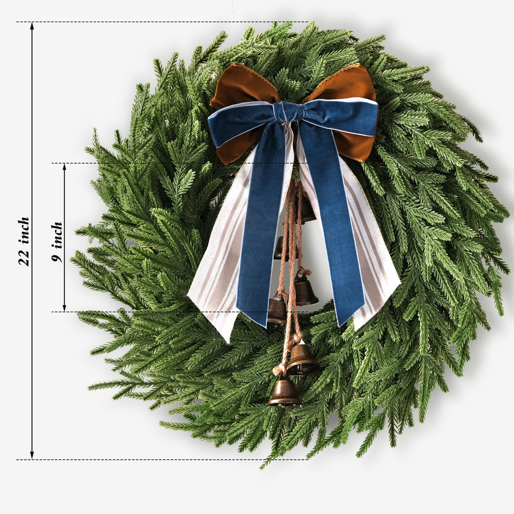 Christmas Decor, 22" Norfolk Pine Christmas Wreath with Bells and Ribbon