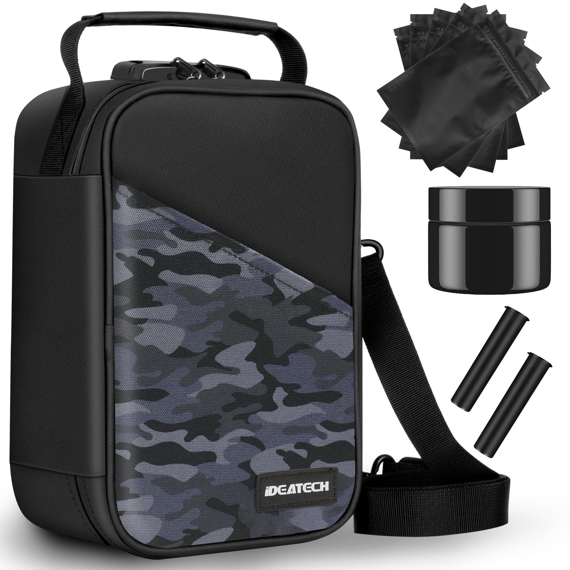 IDEATECH Smell Proof Bag, Stash Box Odor Proof, Smell Proof Containers with Lock, Odorless Travel Storage Bag, Home Organizer Case Lock Box with Accessories (Camo)