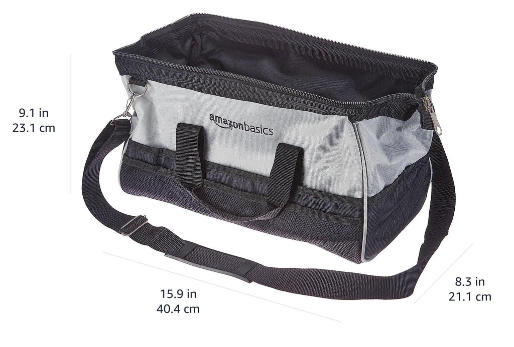 Amazon Basics Durable Wear-Resistant Tool Storage Bag with Adjustable Shoulder Strap, Portable Tool Organizer, 16 in, Black & Grey