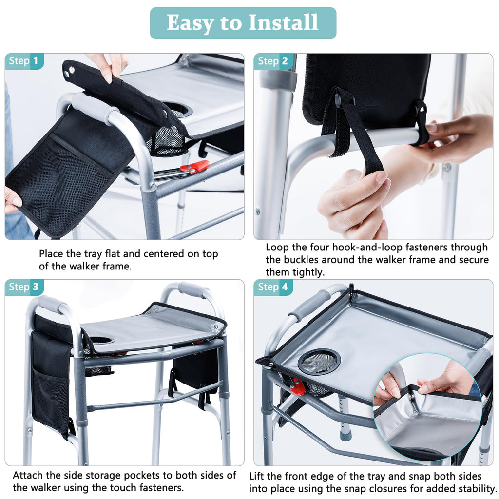 BAGSFY Walker Tray w/Side Pocket for Folding Walkers – Walker Accessory for Seniors with Cup Holder, Non-Slip Mat, and Easy Installation – Universal Fit Walker Table for Meals, Drinks, Reading