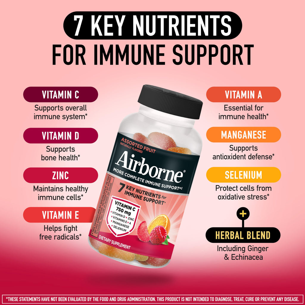 Airborne Immune Support Gummies, Assorted Fruit Flavor, 63 Ct - 750 mg Vitamin C + Vitamins A, D & E + Zinc, Selenium, and Manganese | with Herbal Blend | Naturally Flavored