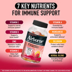 Airborne Immune Support Gummies, Assorted Fruit Flavor, 63 Ct - 750 mg Vitamin C + Vitamins A, D & E + Zinc, Selenium, and Manganese | with Herbal Blend | Naturally Flavored