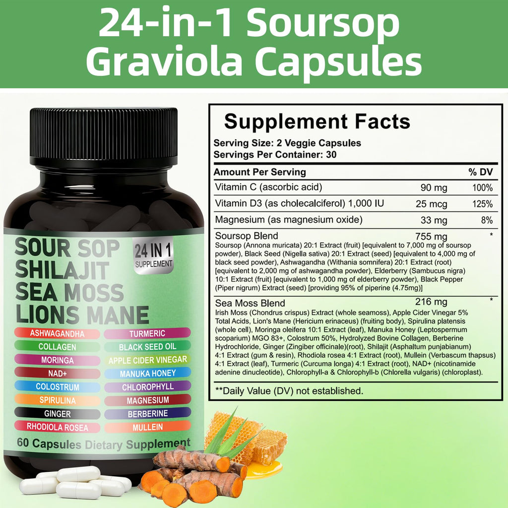 24-in-1 Soursop Graviola Capsules with Sea Moss, Shilajit, Lions Mane, Natural Supplement for Immune Support, Energy, Gut Health, Vegan, 60 Capsules